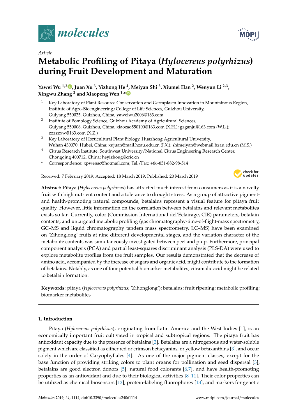 Metabolic Profiling of Pitaya (Hylocereus Polyrhizus) During Fruit