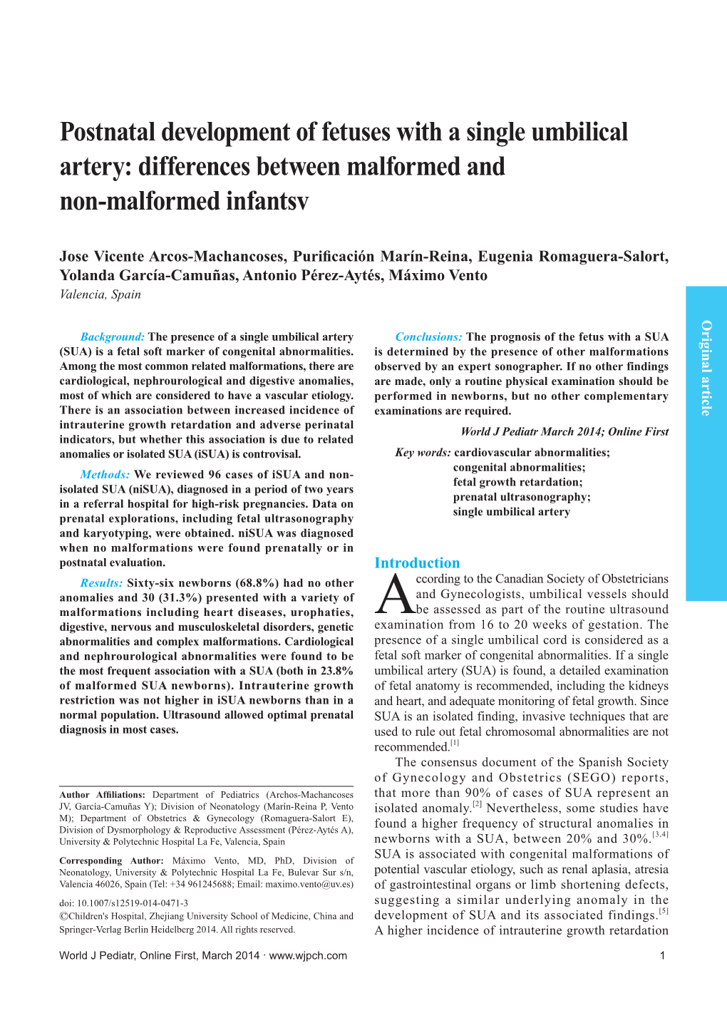 Postnatal Development of Fetuses with a Single Umbilical Artery: Differences Between Malformed and Non-Malformed Infantsv