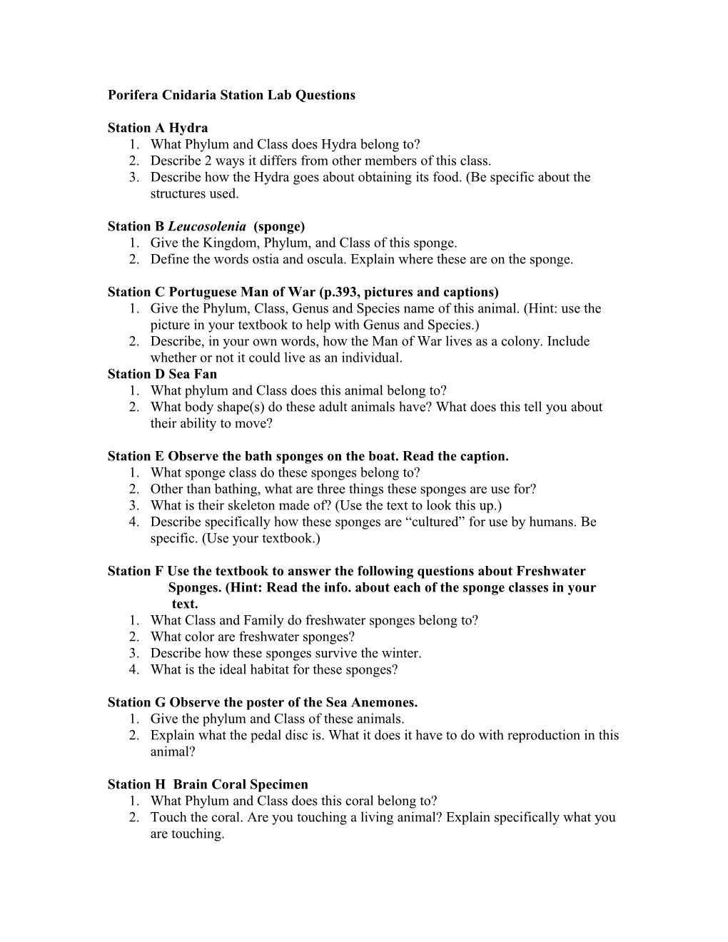 Porifera Cnidaria Station Lab Questions