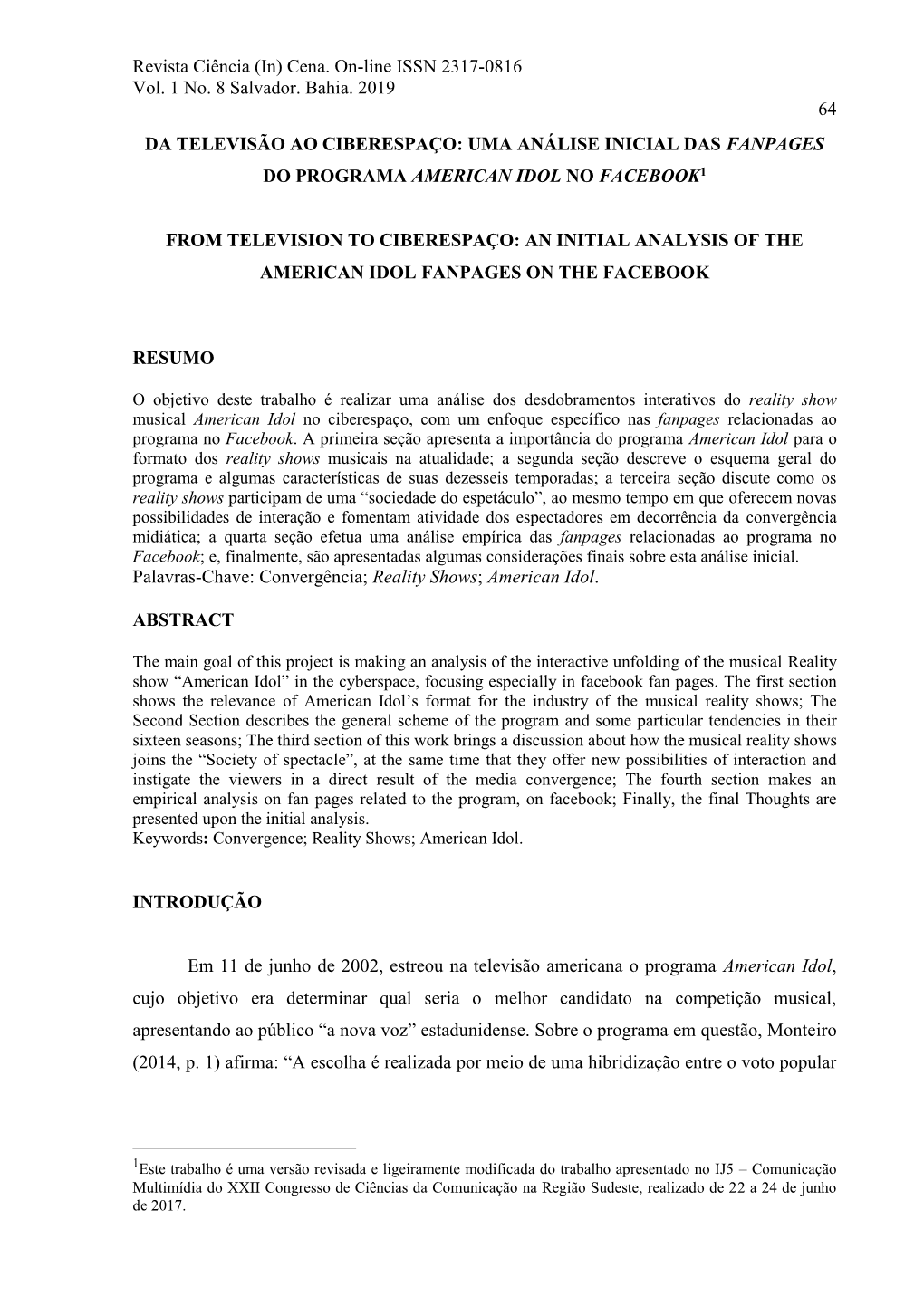 Revista Ciência (In) Cena. On-Line ISSN 2317-0816 Vol