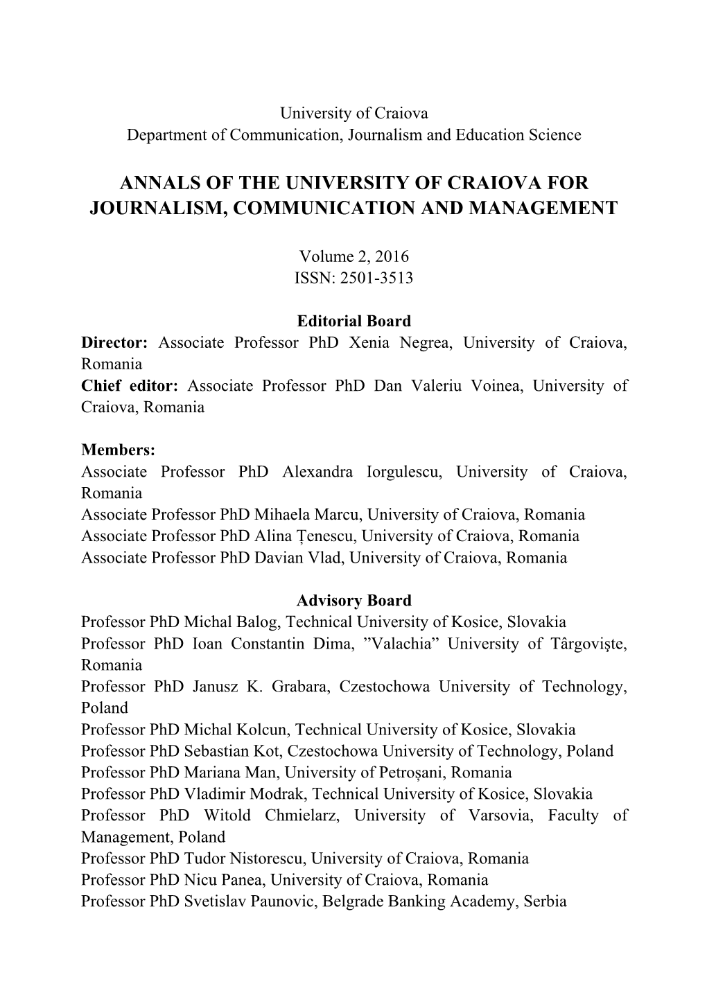 Annals of the University of Craiova for Journalism, Communication and Management