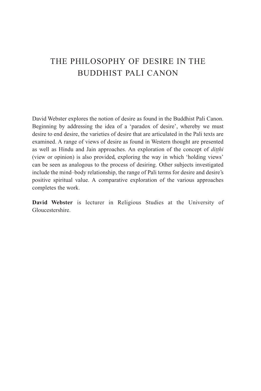 The Philosophy of Desire in the Buddhist Pali Canon