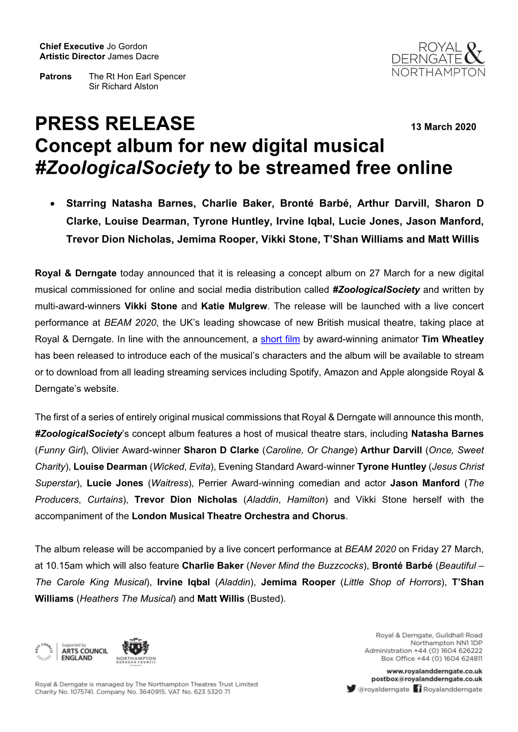 PRESS RELEASE 13 March 2020 Concept Album for New Digital Musical #Zoologicalsociety to Be Streamed Free Online