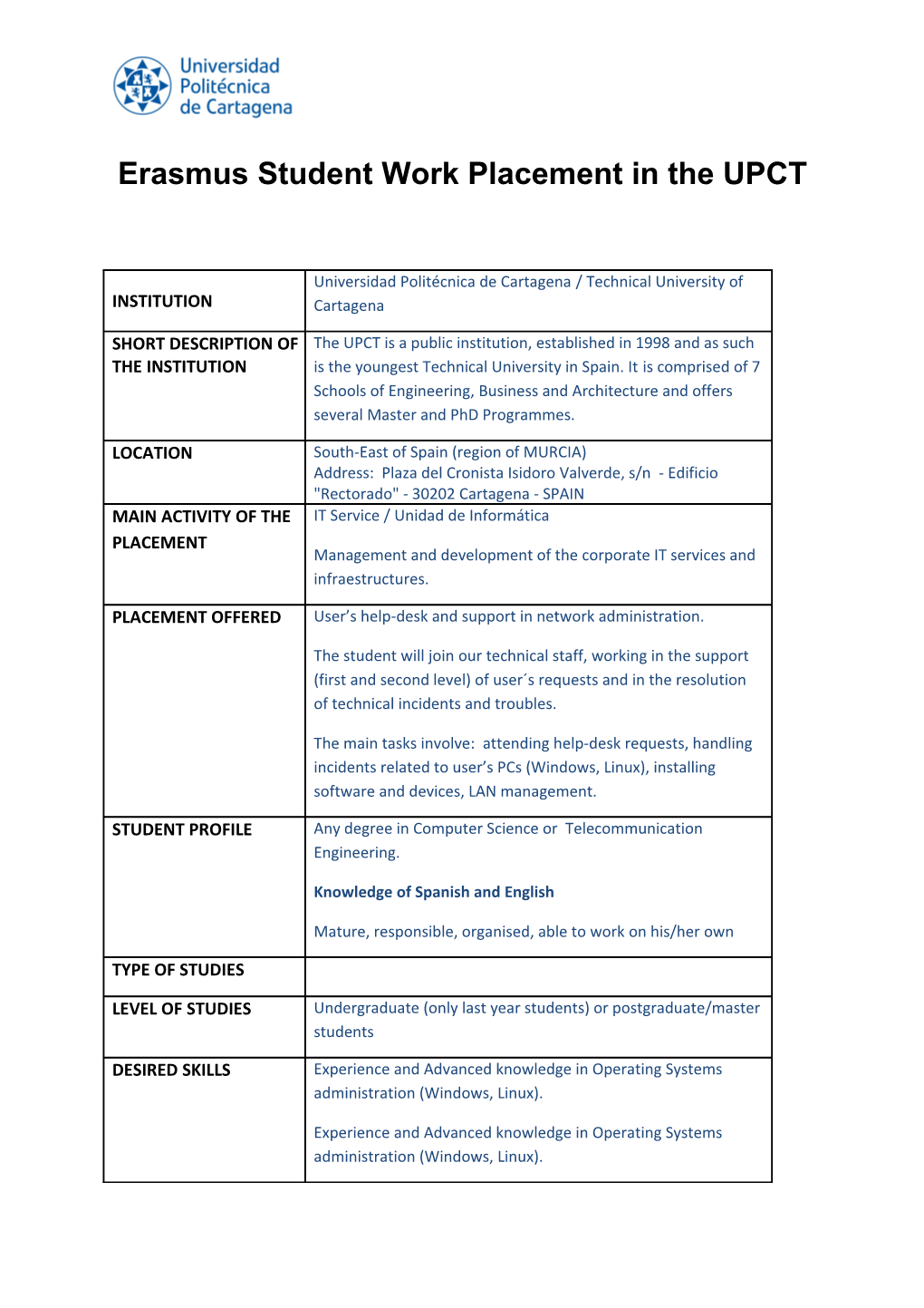 Erasmus Student Work Placement in the UPCT