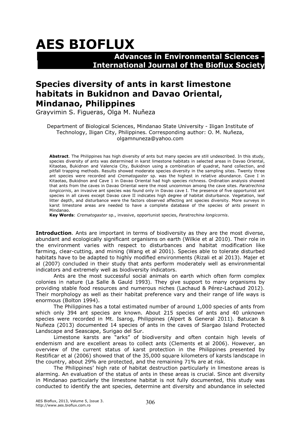 Species Diversity of Ants in Karst Limestone Habitats in Bukidnon and Davao Oriental, Mindanao, Philippines Grayvimin S