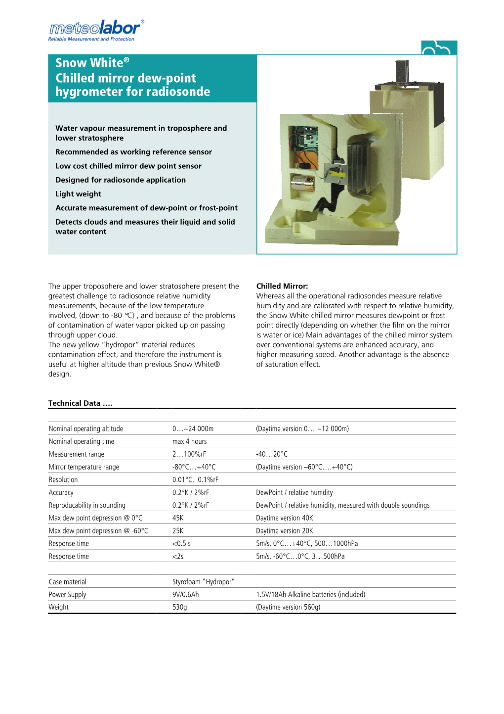 Snow White® Chilled Mirror Dew-Point Hygrometer for Radiosonde