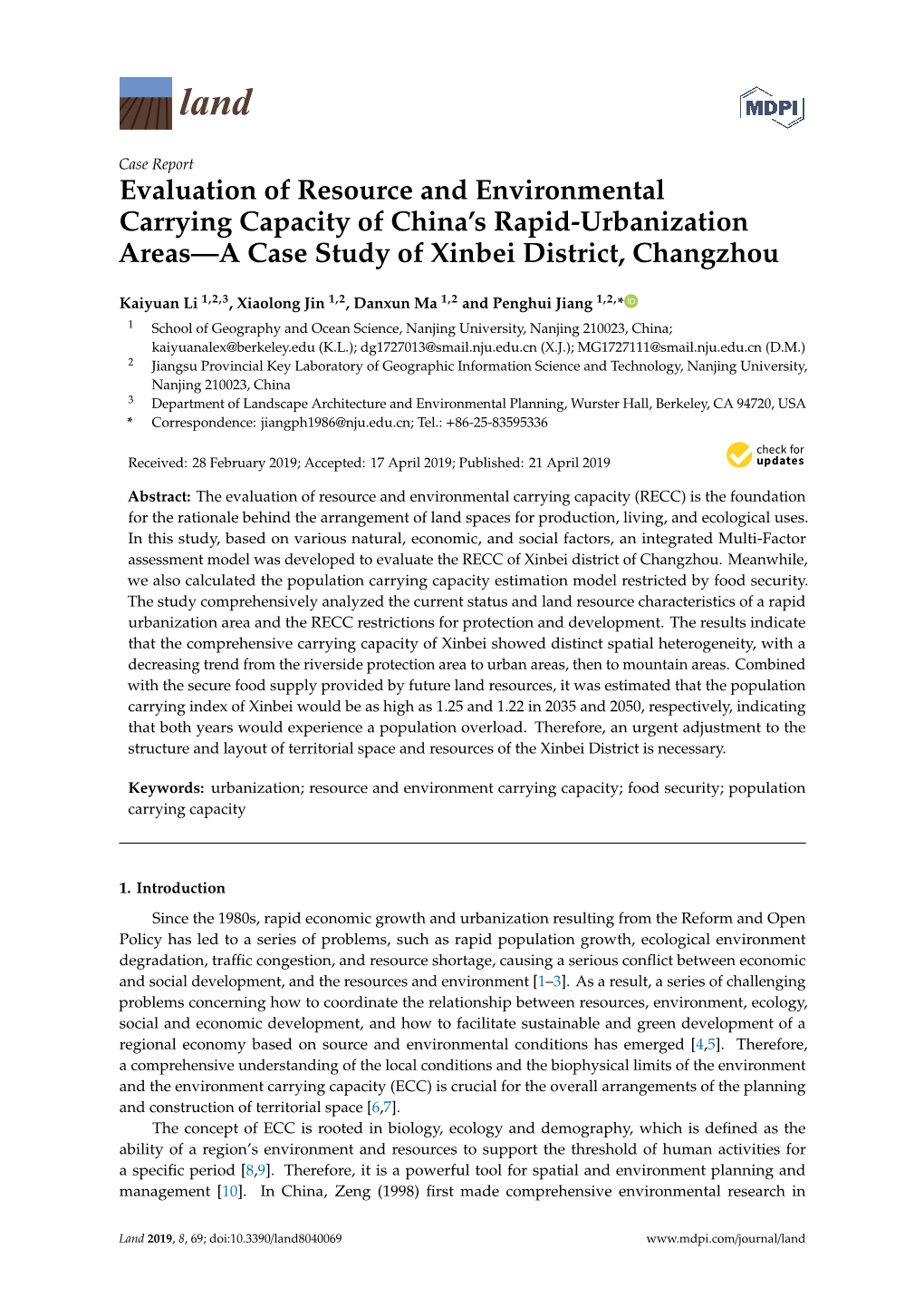 Evaluation of Resource and Environmental Carrying Capacity of China's Rapid-Urbanization Areas—A Case Study of Xinbei Distri