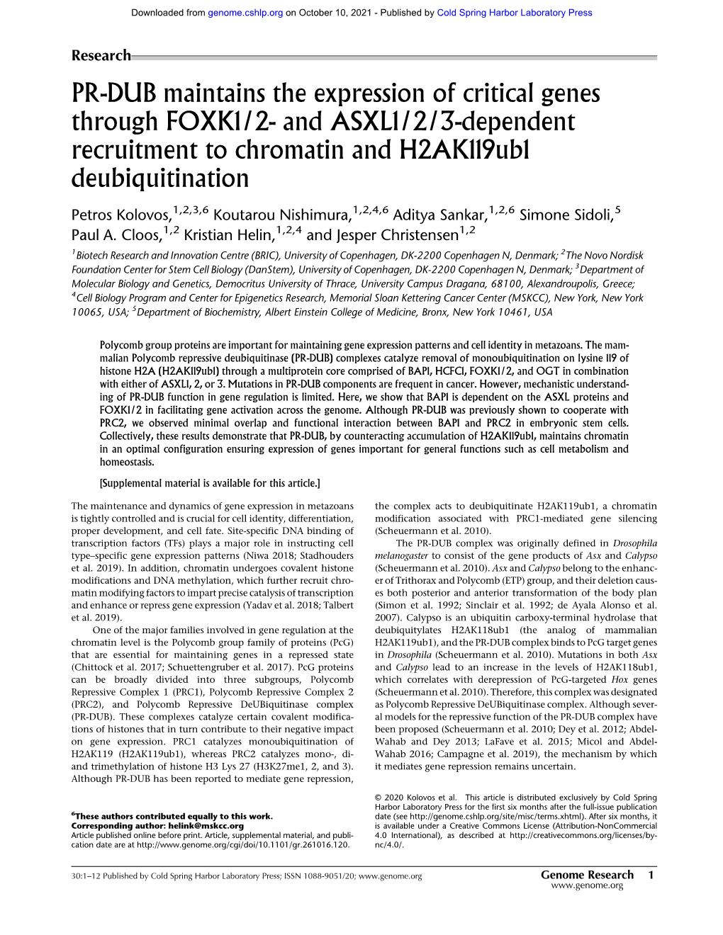 PR-DUB Maintains the Expression of Critical Genes Through FOXK1/2- and ASXL1/2/3-Dependent Recruitment to Chromatin and H2ak119ub1 Deubiquitination