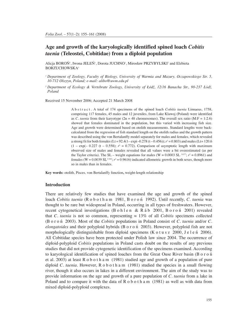 Age and Growth of the Karyologically Identified Spined Loach Cobitis Taenia (Teleostei, Cobitidae) from a Diploid Population