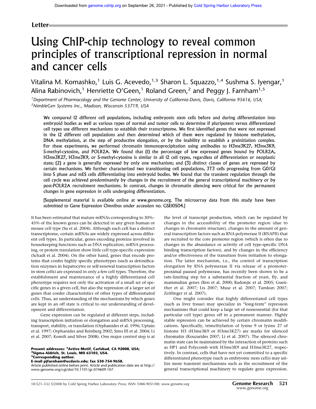 Using Chip-Chip Technology to Reveal Common Principles of Transcriptional Repression in Normal and Cancer Cells