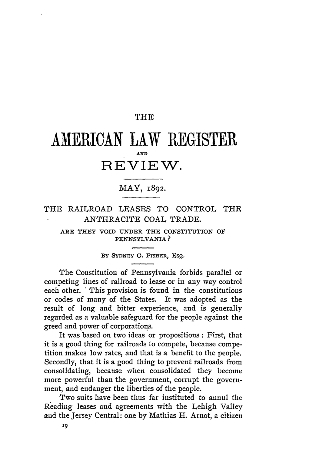 The Railroad Leases to Control the Anthracite Coal Trade