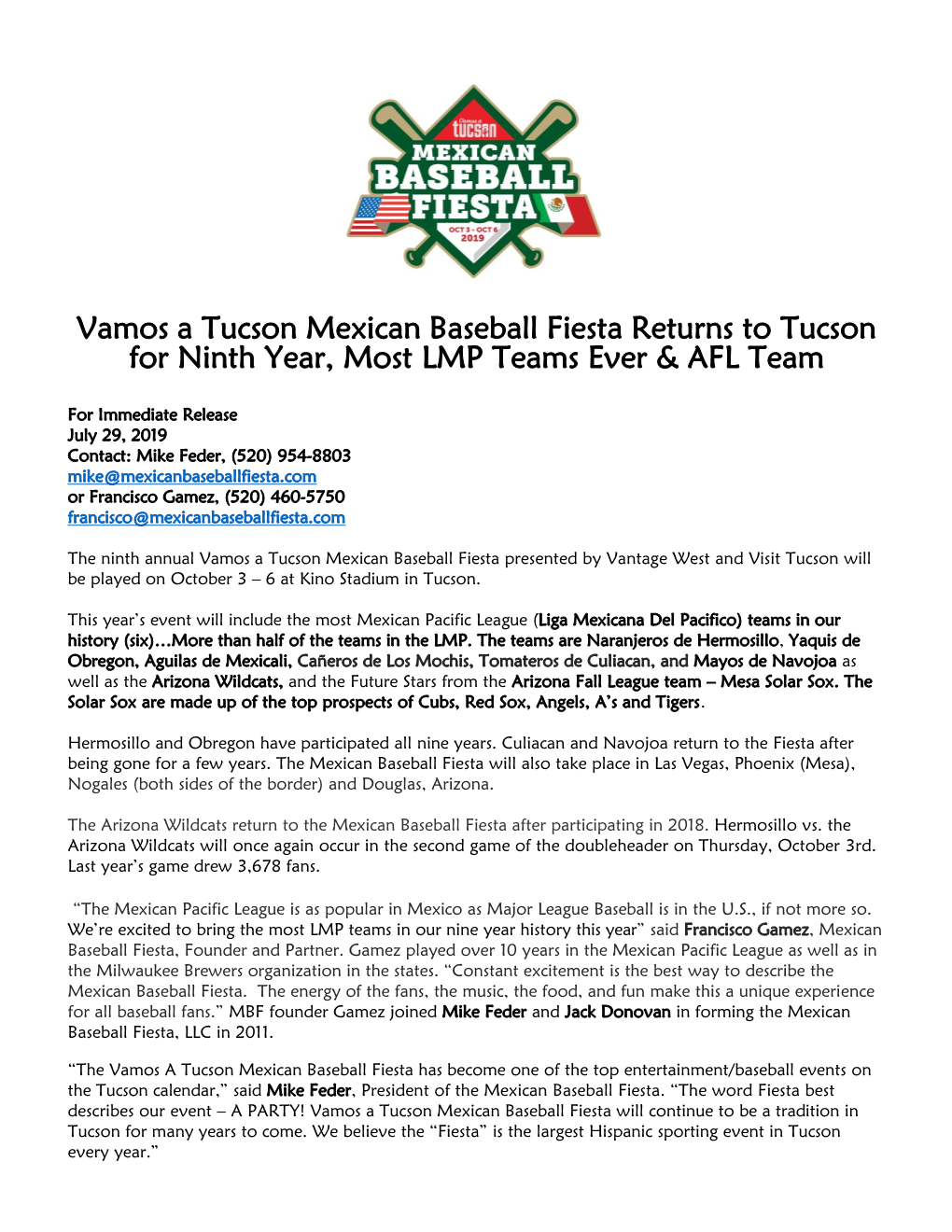 Vamos a Tucson Mexican Baseball Fiesta Returns to Tucson for Ninth Year, Most LMP Teams Ever & AFL Team