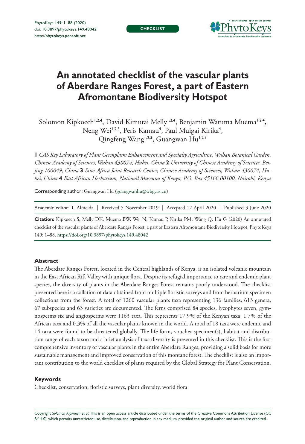 An Annotated Checklist of the Vascular Plants of Aberdare Ranges Forest, a Part of Eastern Afromontane Biodiversity Hotspot