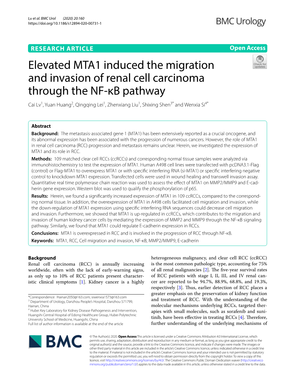 Elevated MTA1 Induced the Migration and Invasion of Renal Cell Carcinoma Through the NF-Κb Pathway