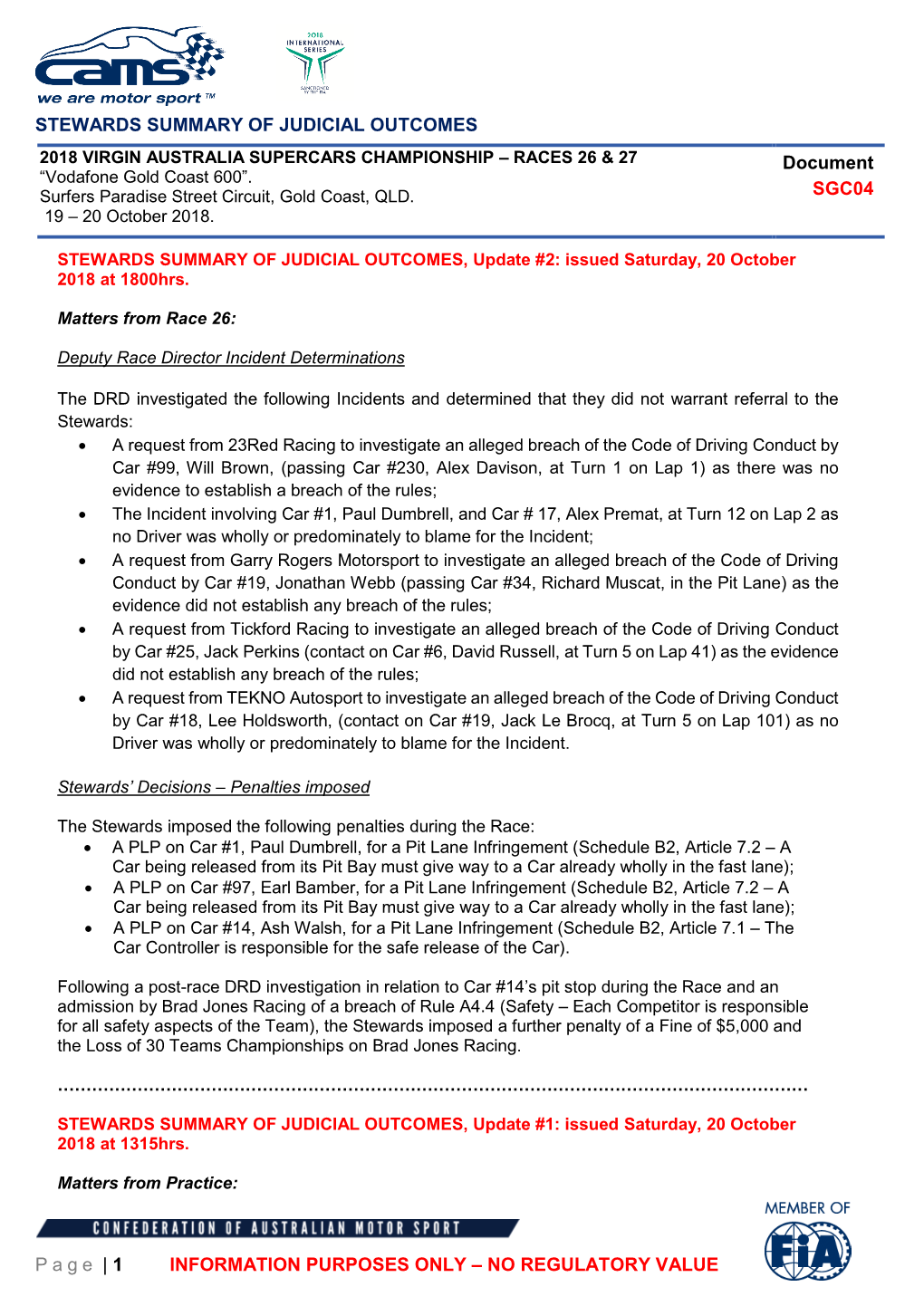 STEWARDS SUMMARY of JUDICIAL OUTCOMES Page | 1