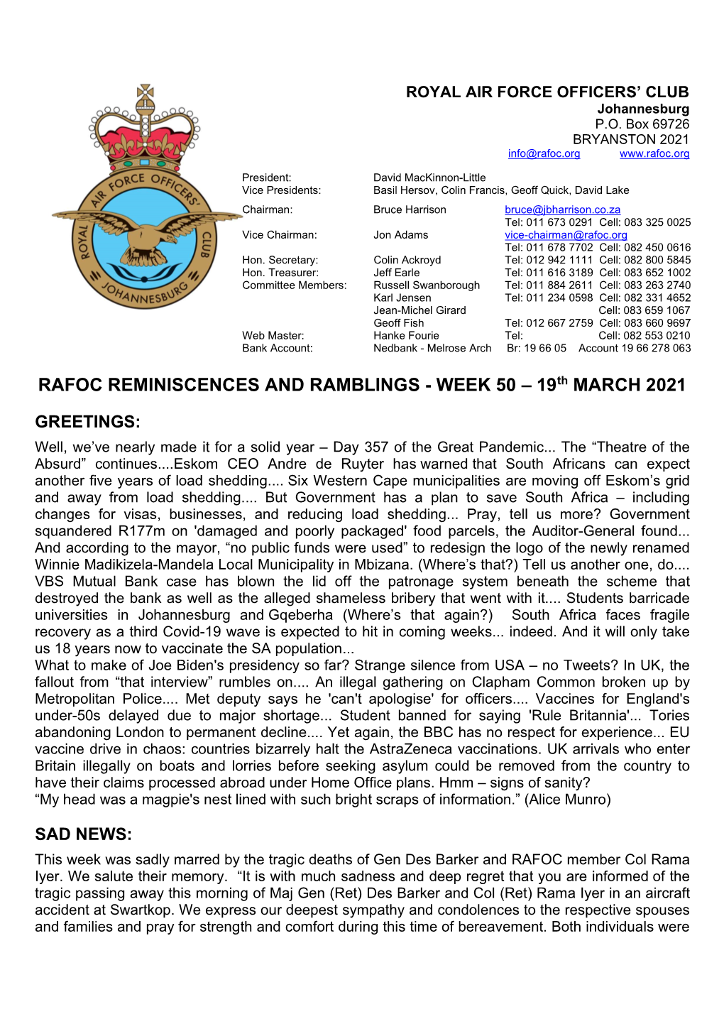 RAFOC REMINISCENCES and RAMBLINGS - WEEK 50 – 19Th MARCH 2021