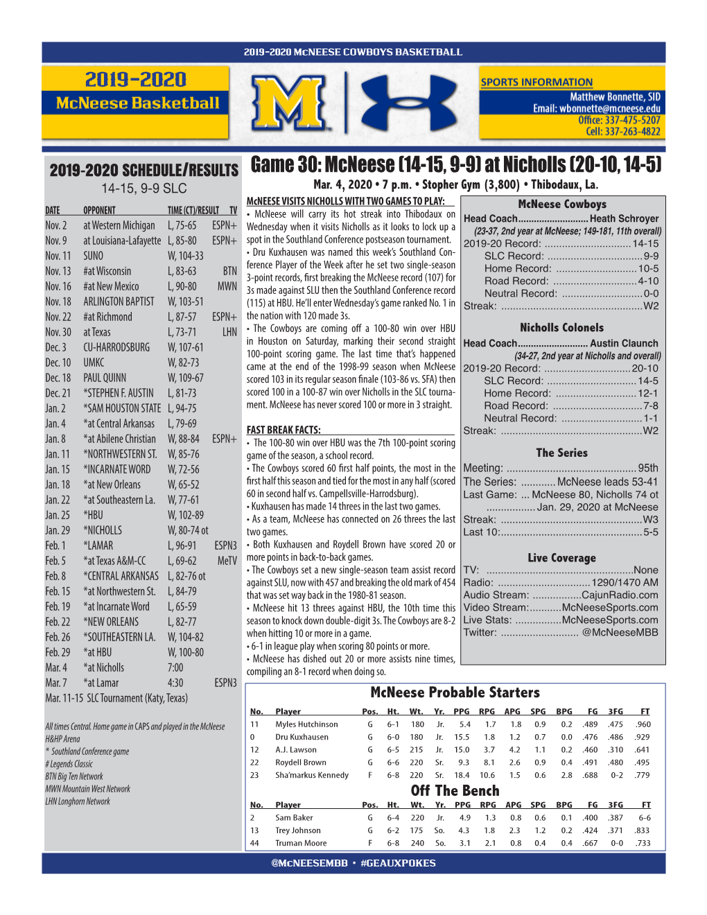 Mcneese COWBOYS BASKETBALL 2019-2020