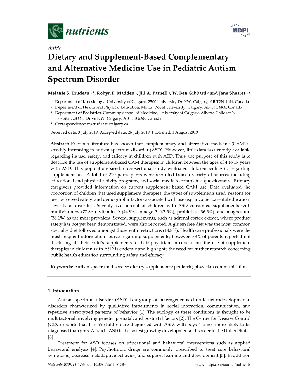 Dietary and Supplement-Based Complementary and Alternative Medicine Use in Pediatric Autism Spectrum Disorder