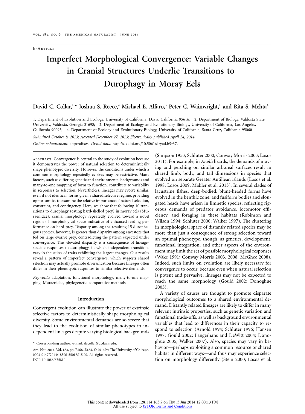 Imperfect Morphological Convergence: Variable Changes in Cranial Structures Underlie Transitions to Durophagy in Moray Eels