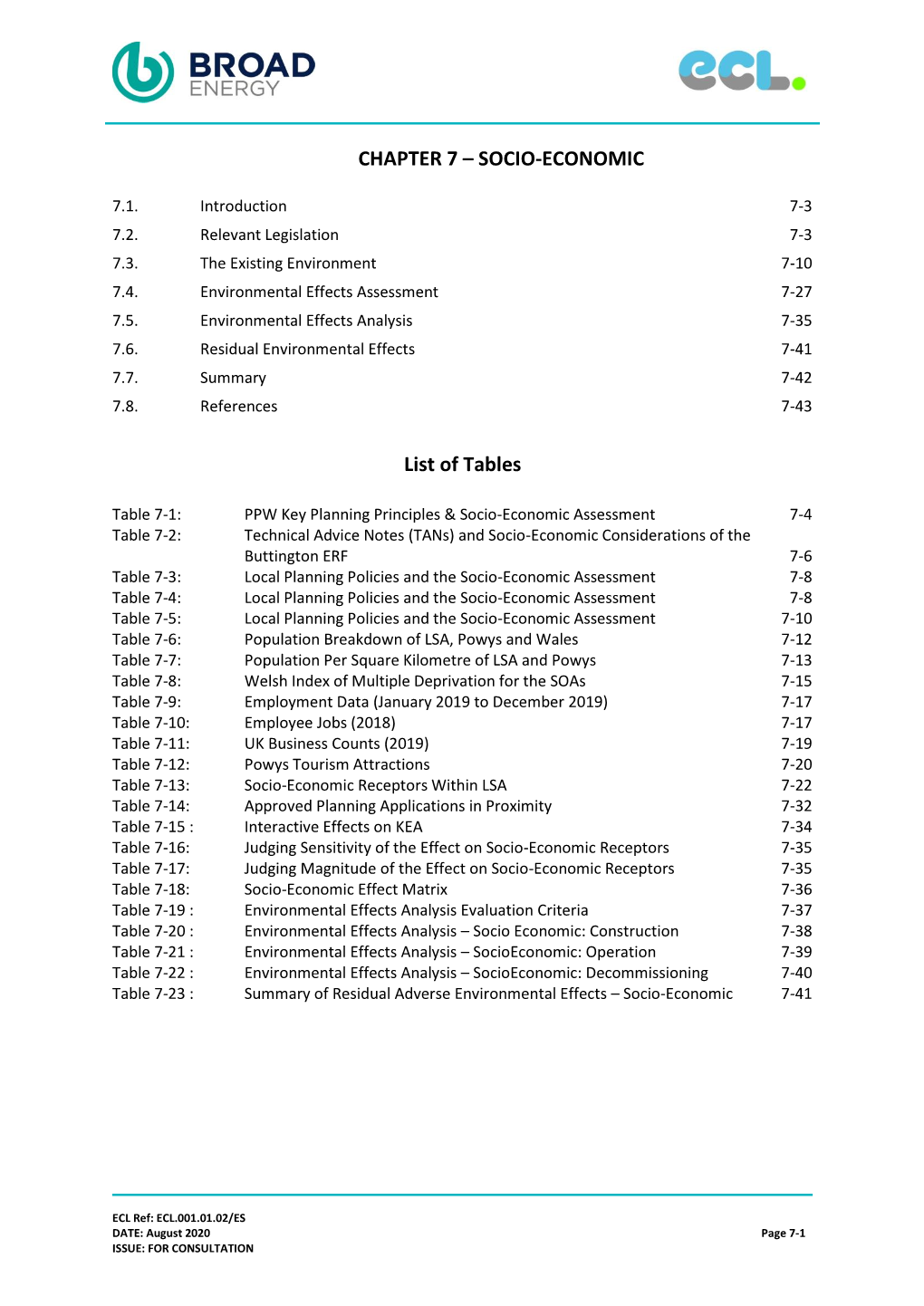 SOCIO-ECONOMIC List of Tables
