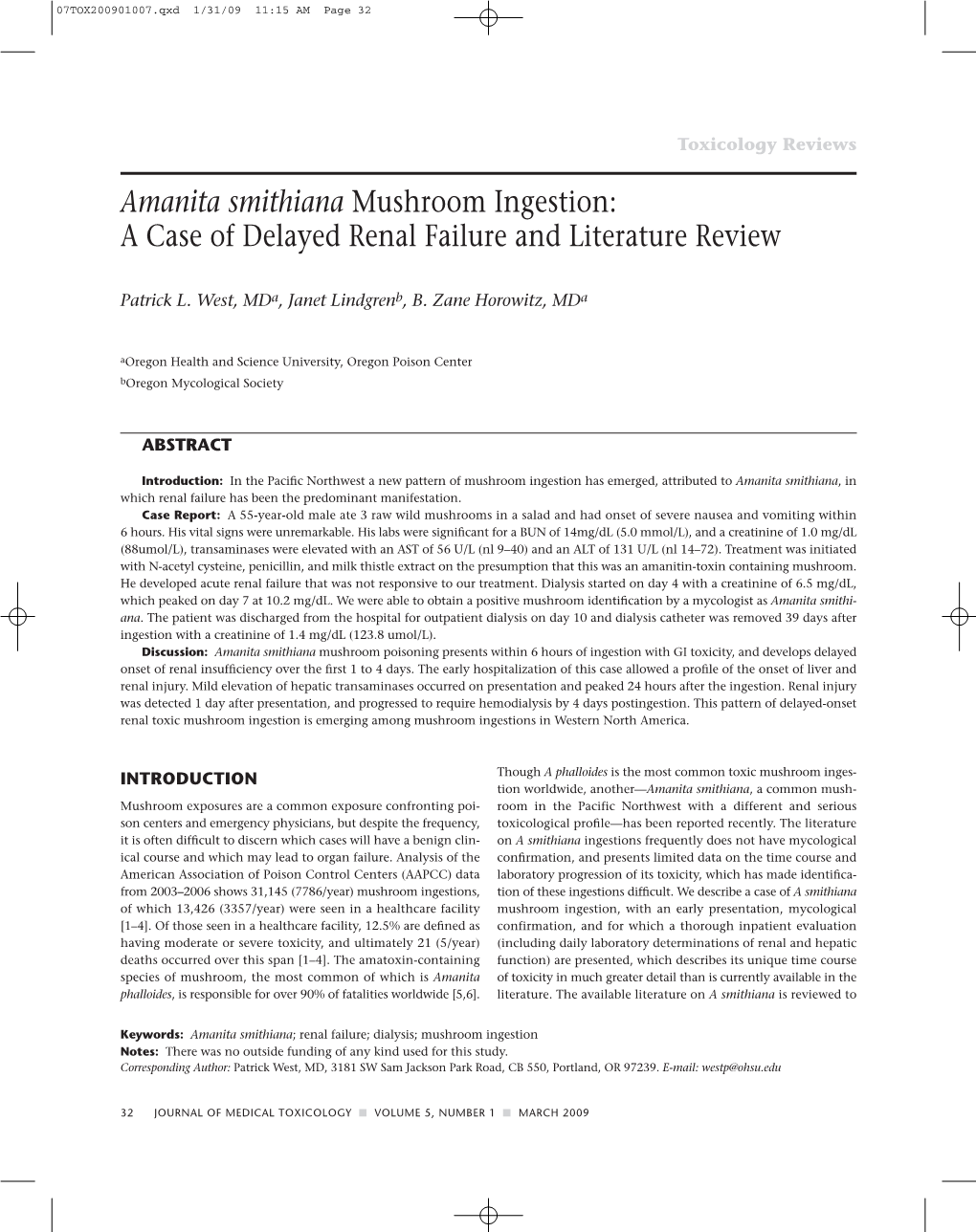 Amanita Smithiana Mushroom Ingestion: a Case of Delayed Renal Failure and Literature Review