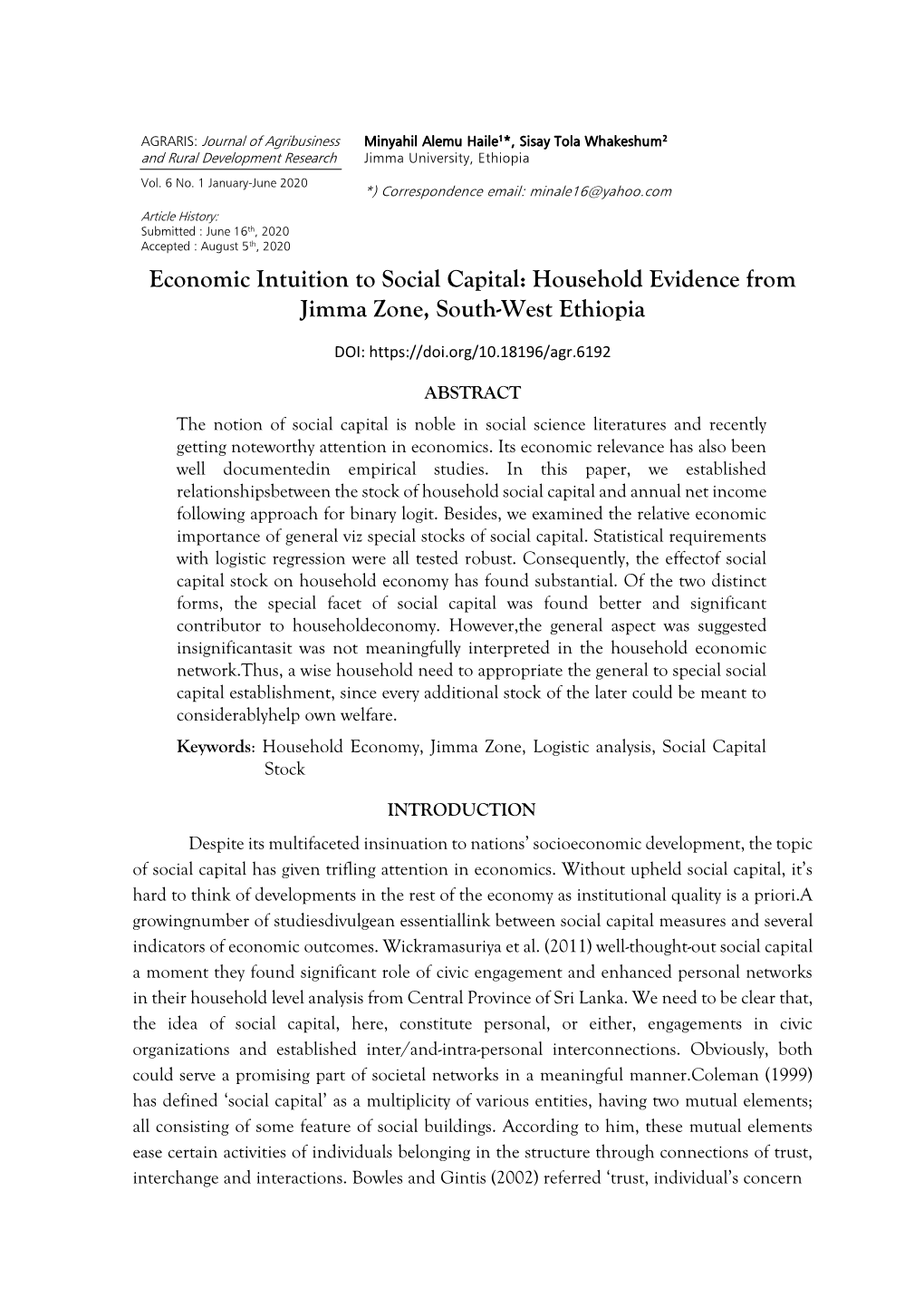 Economic Intuition to Social Capital: Household Evidence from Jimma Zone, South-West Ethiopia