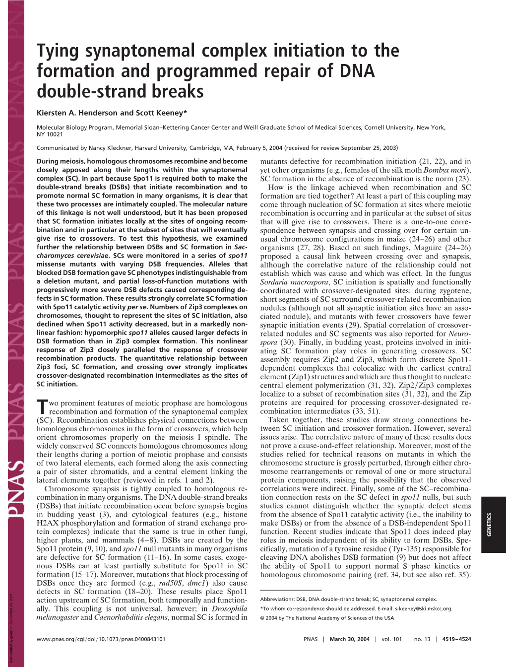 Tying Synaptonemal Complex Initiation to the Formation and Programmed Repair of DNA Double-Strand Breaks