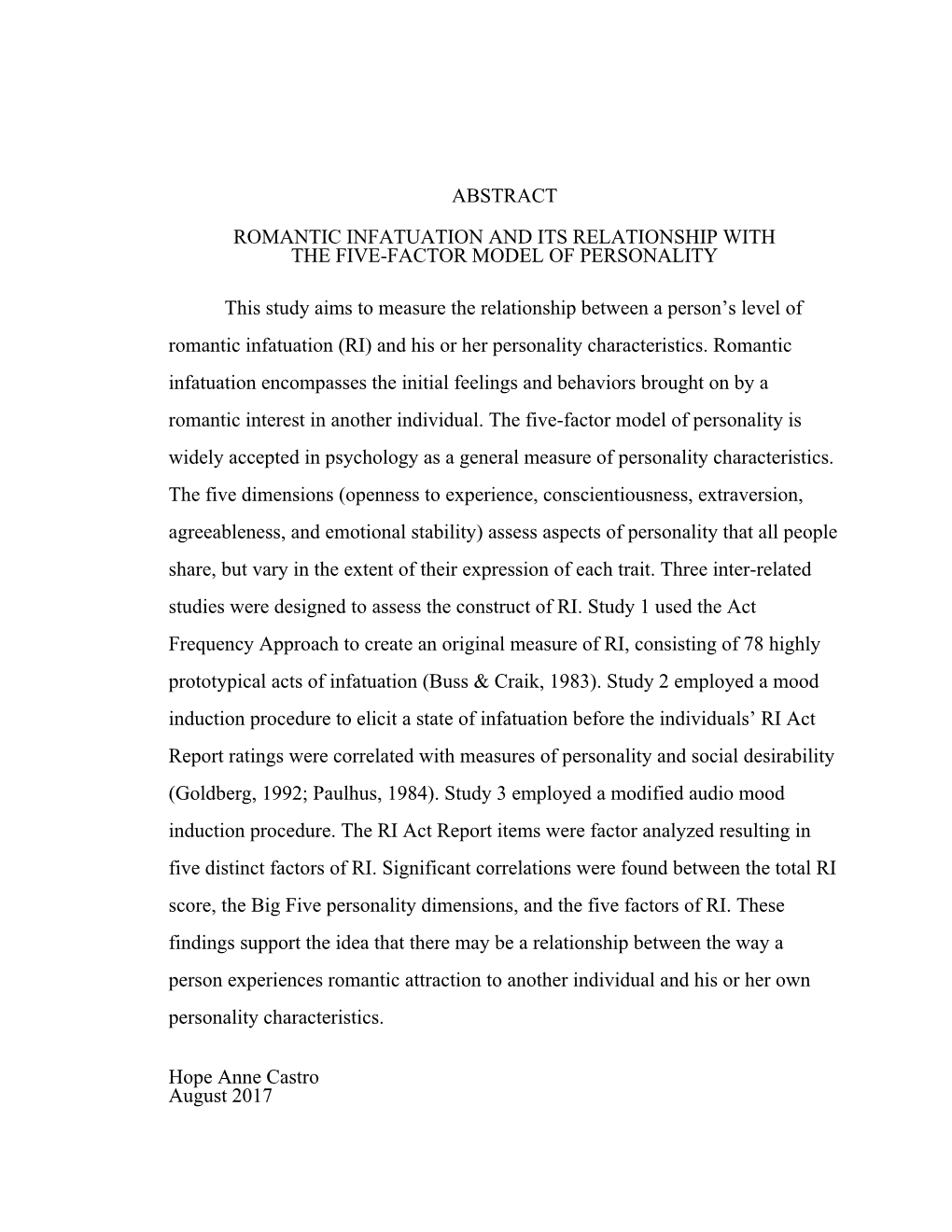 Romantic Infatuation and Its Relationship with the Five-Factor Model of Personality