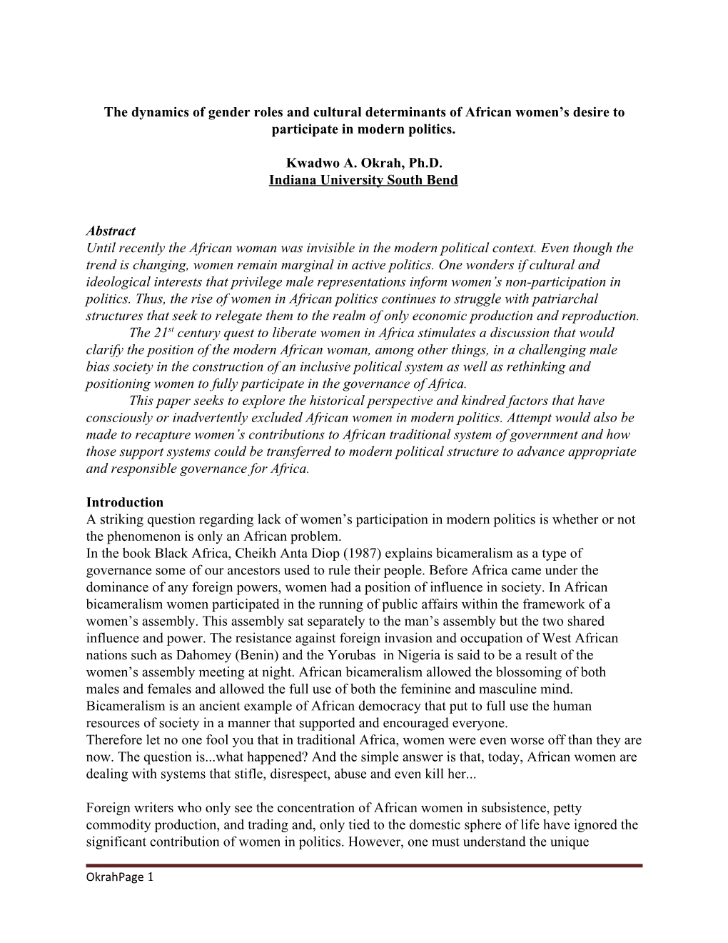 The Dynamics of Gender Roles and Cultural Determinants of African Women’S Desire to Participate in Modern Politics