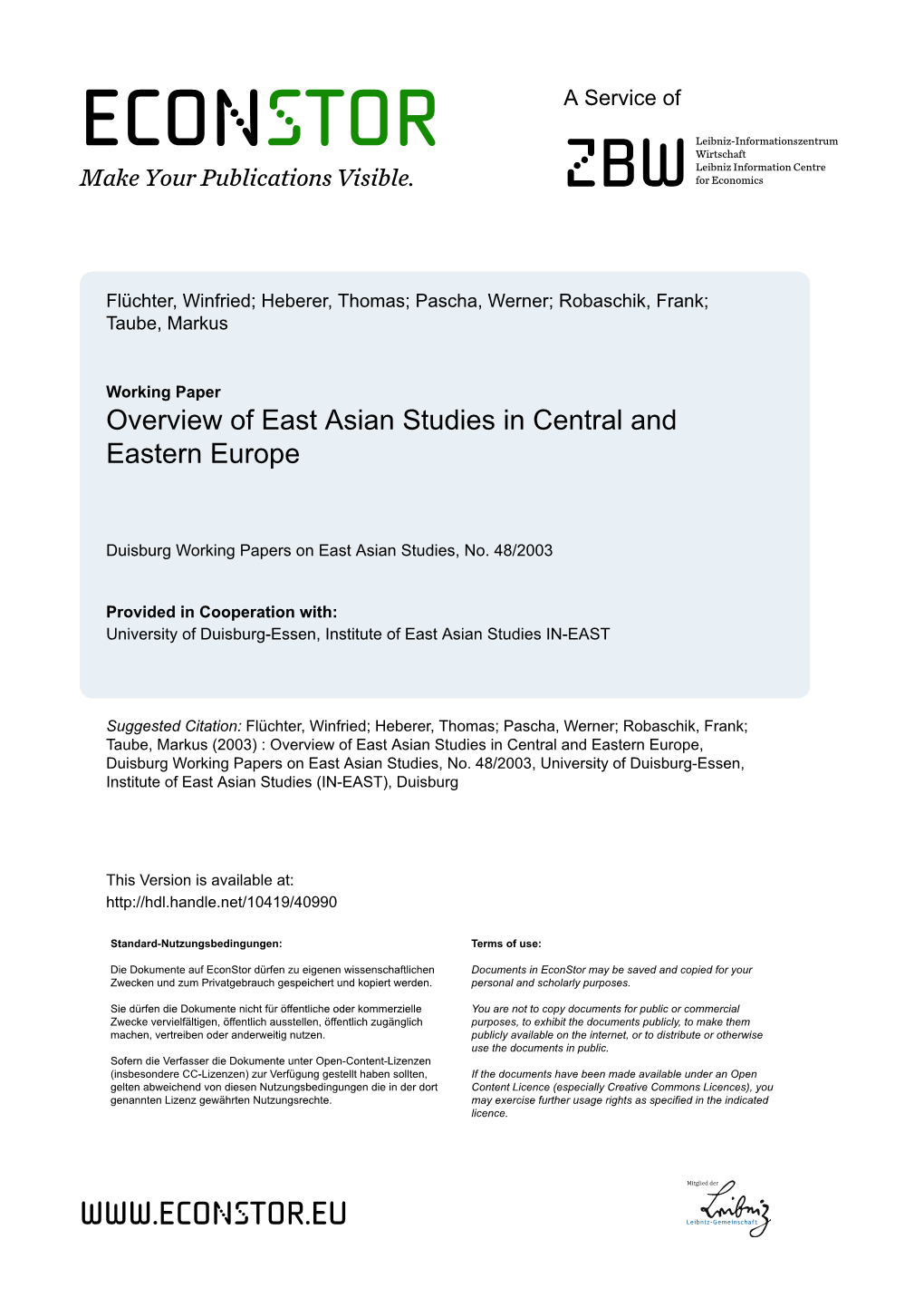 Overview of East Asian Studies in Central and Eastern Europe