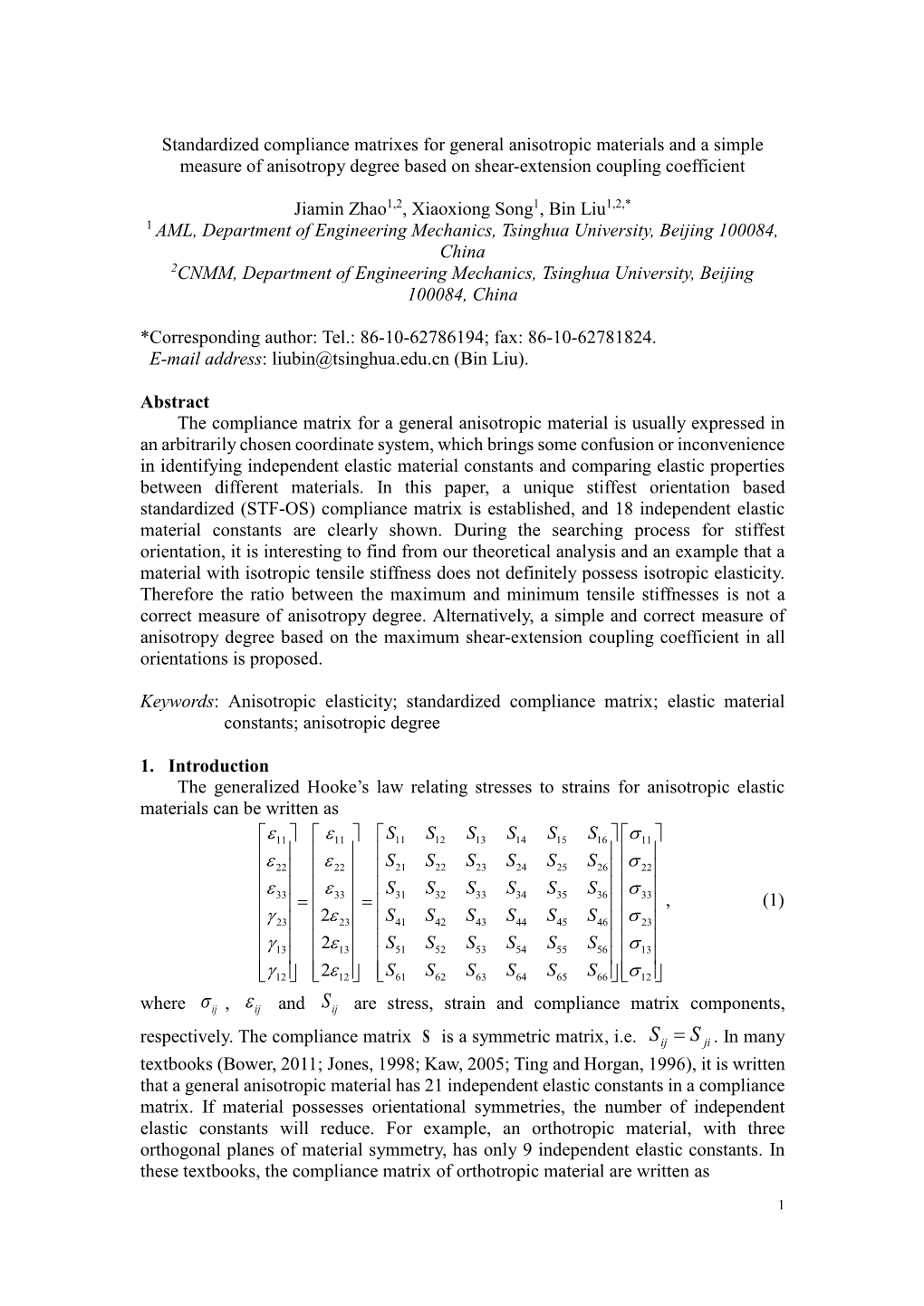 Standardized Compliance Matrixes for General Anisotropic Materials and a Simple Measure of Anisotropy Degree Based on Shear-Extension Coupling Coefficient