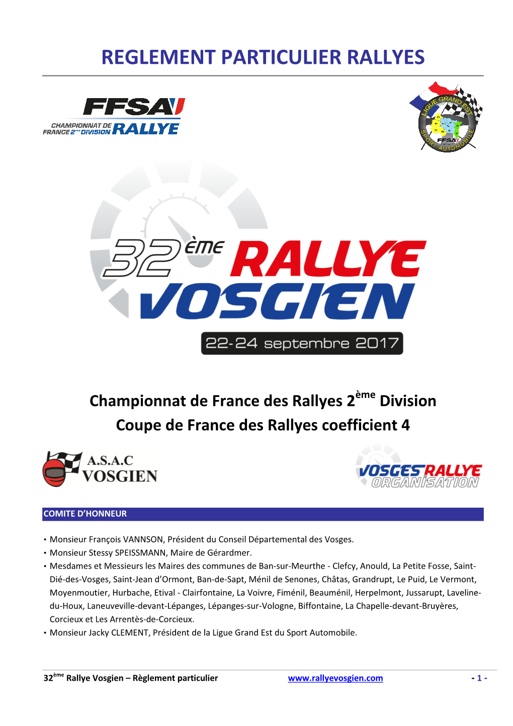 Réglement Particulier 32Ème Rallye Vosgien