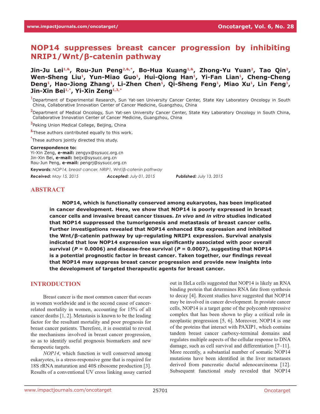 NOP14 Suppresses Breast Cancer Progression by Inhibiting NRIP1/Wnt/Β-Catenin Pathway