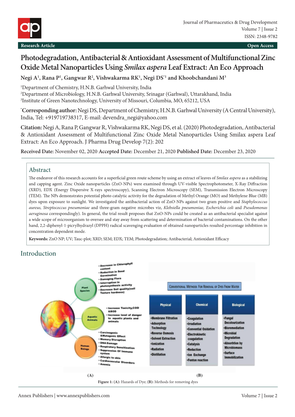 Photodegradation, Antibacterial & Antioxidant Assessment of Multifunctional Zinc Oxide Metal Nanoparticles Using Smilax Aspe