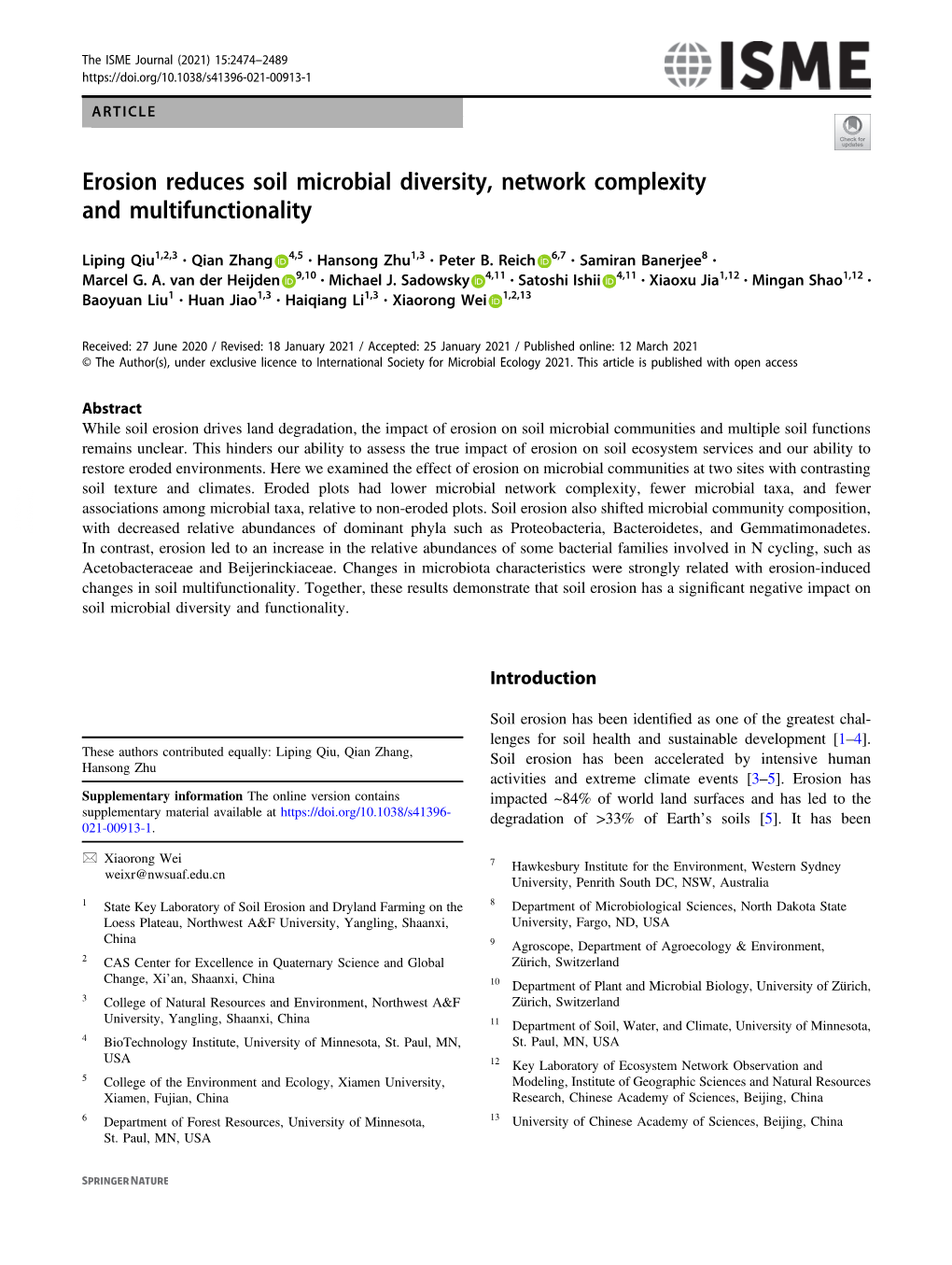 Erosion Reduces Soil Microbial Diversity, Network Complexity and Multifunctionality