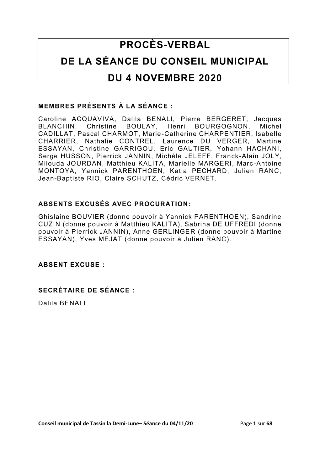 Procès-Verbal De La Séance Du Conseil Municipal Du 4 Novembre 2020