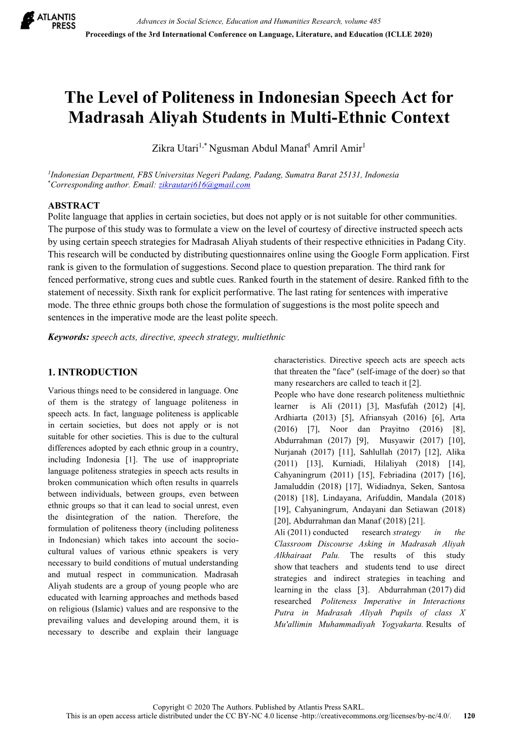 The Level of Politeness in Indonesian Speech Act for Madrasah Aliyah Students in Multi-Ethnic Context