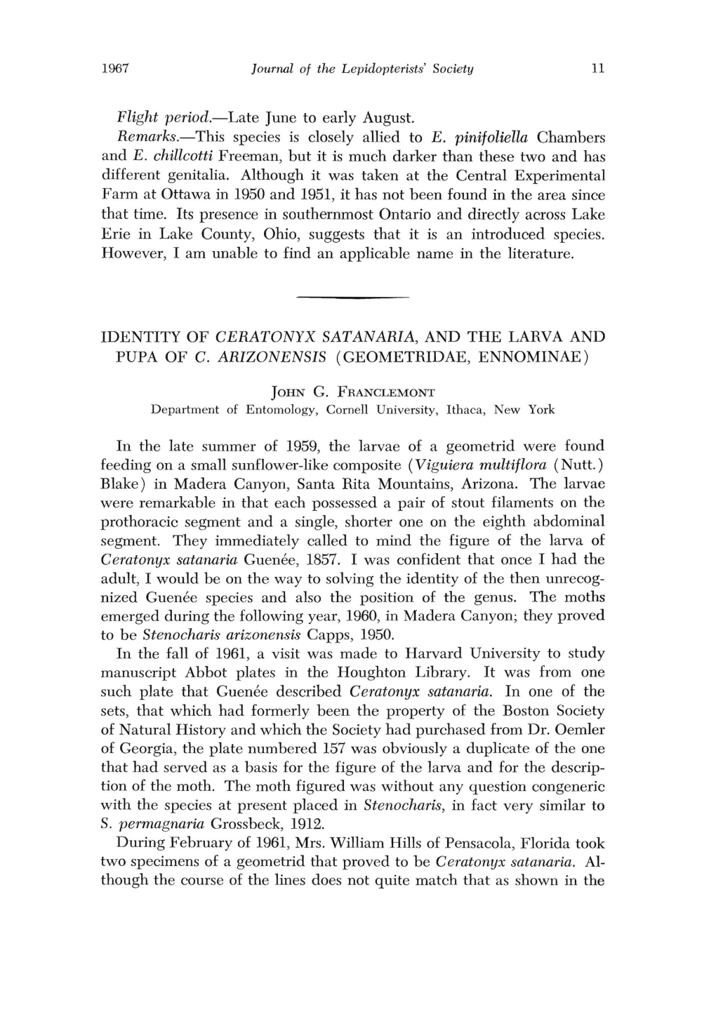 To Be Stenocharis Arizonensis Capps, 1950. in the Fall of 1961, a Visit Was Made to Harvard University to Study Manuscript Abbot Plates in the Houghton Library