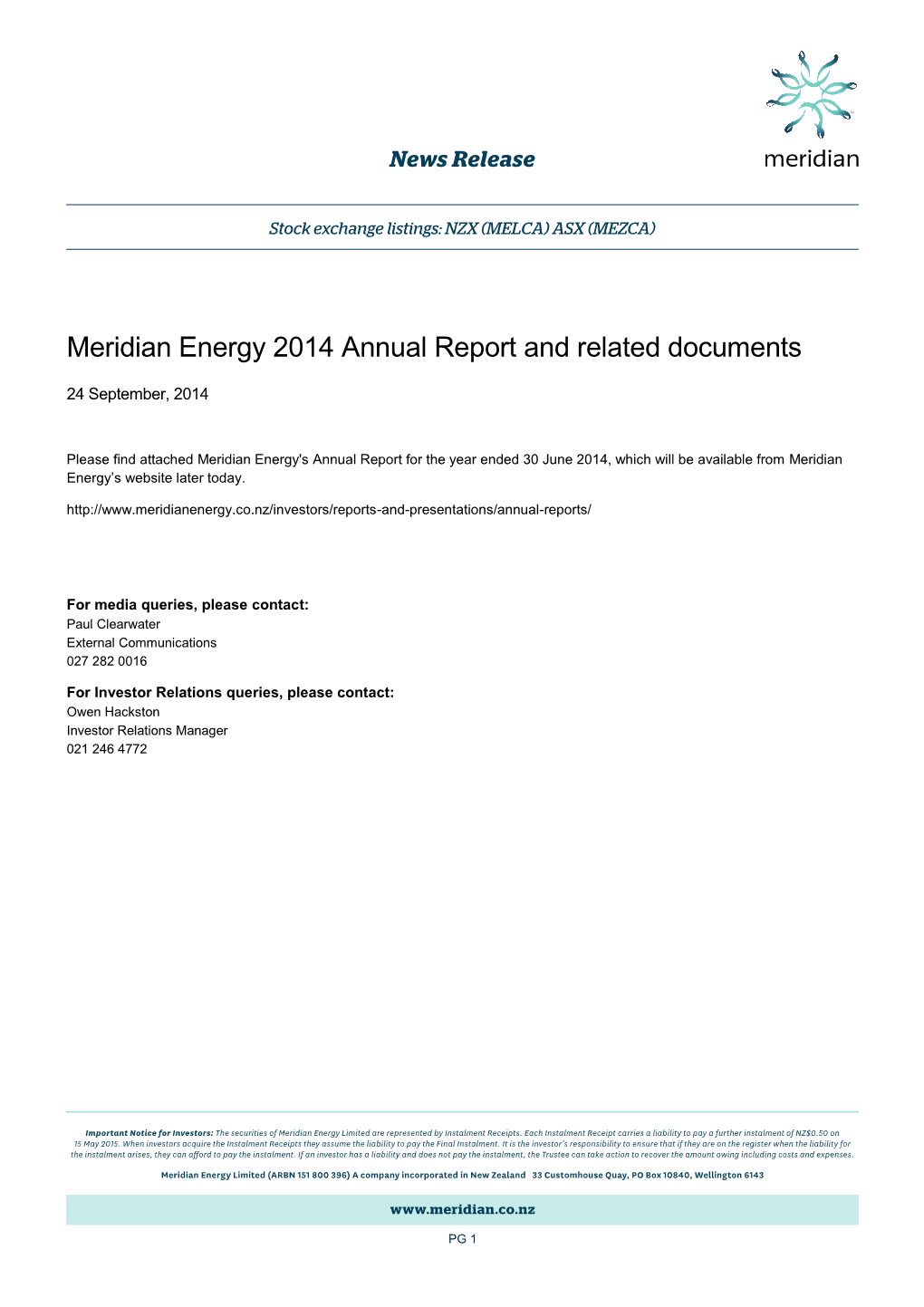 Meridian Energy 2014 Annual Report and Related Documents