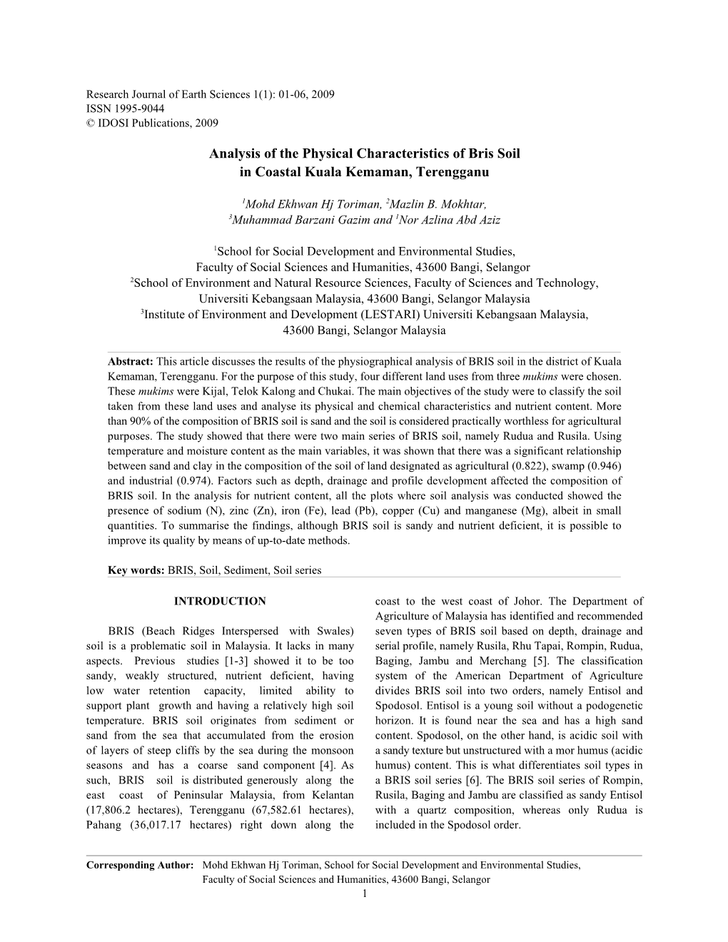 Analysis of the Physical Characteristics of Bris Soil in Coastal Kuala Kemaman, Terengganu