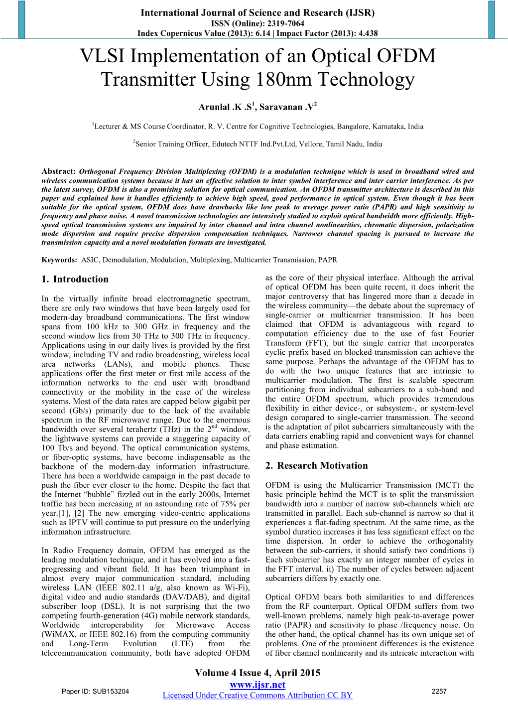 VLSI Implementation of an Optical OFDM Transmitter Using 180Nm Technology