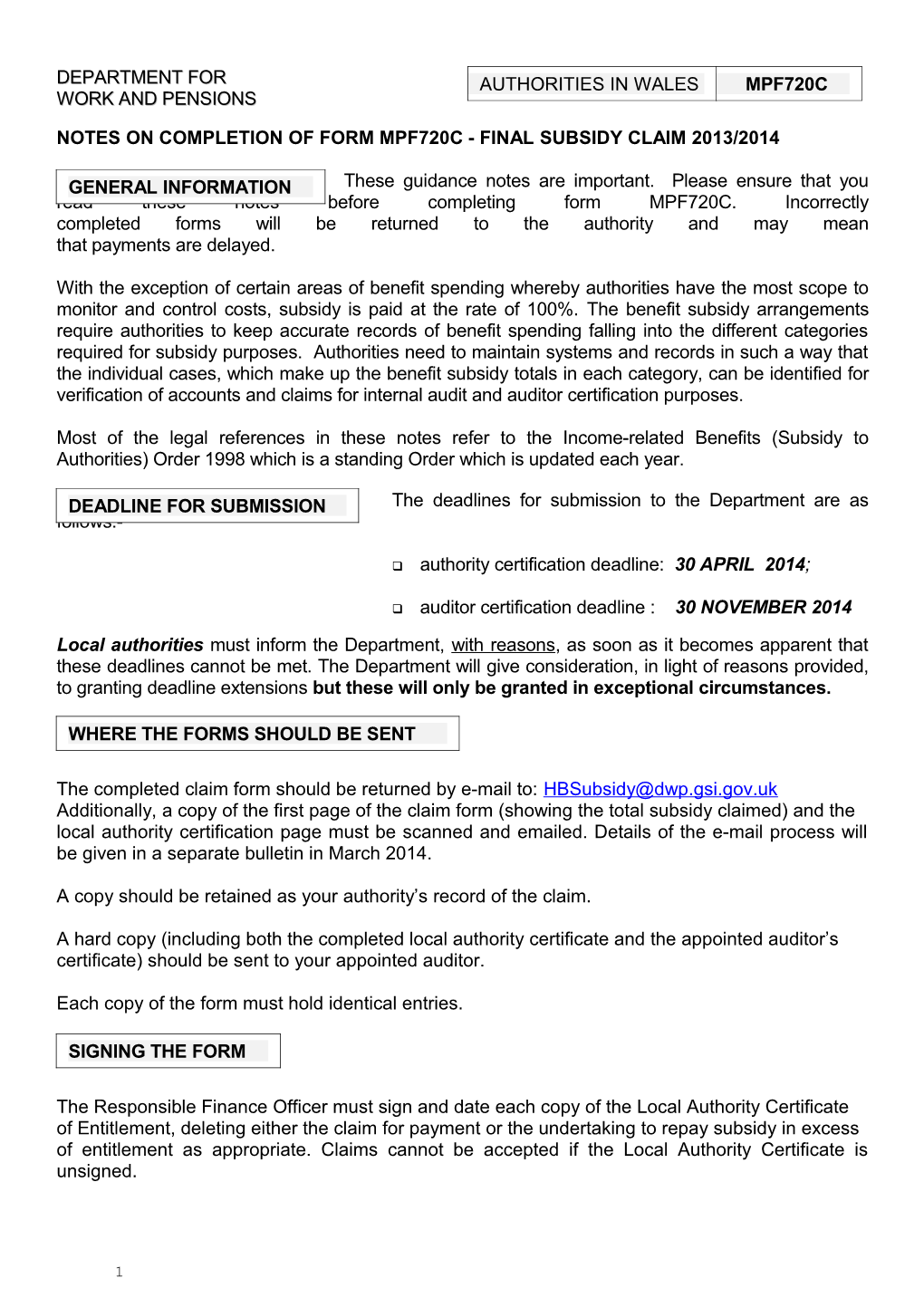 Notes for Guidance on Completion of Form MPF720A - 1998/99 Final Subsidy Claim (England