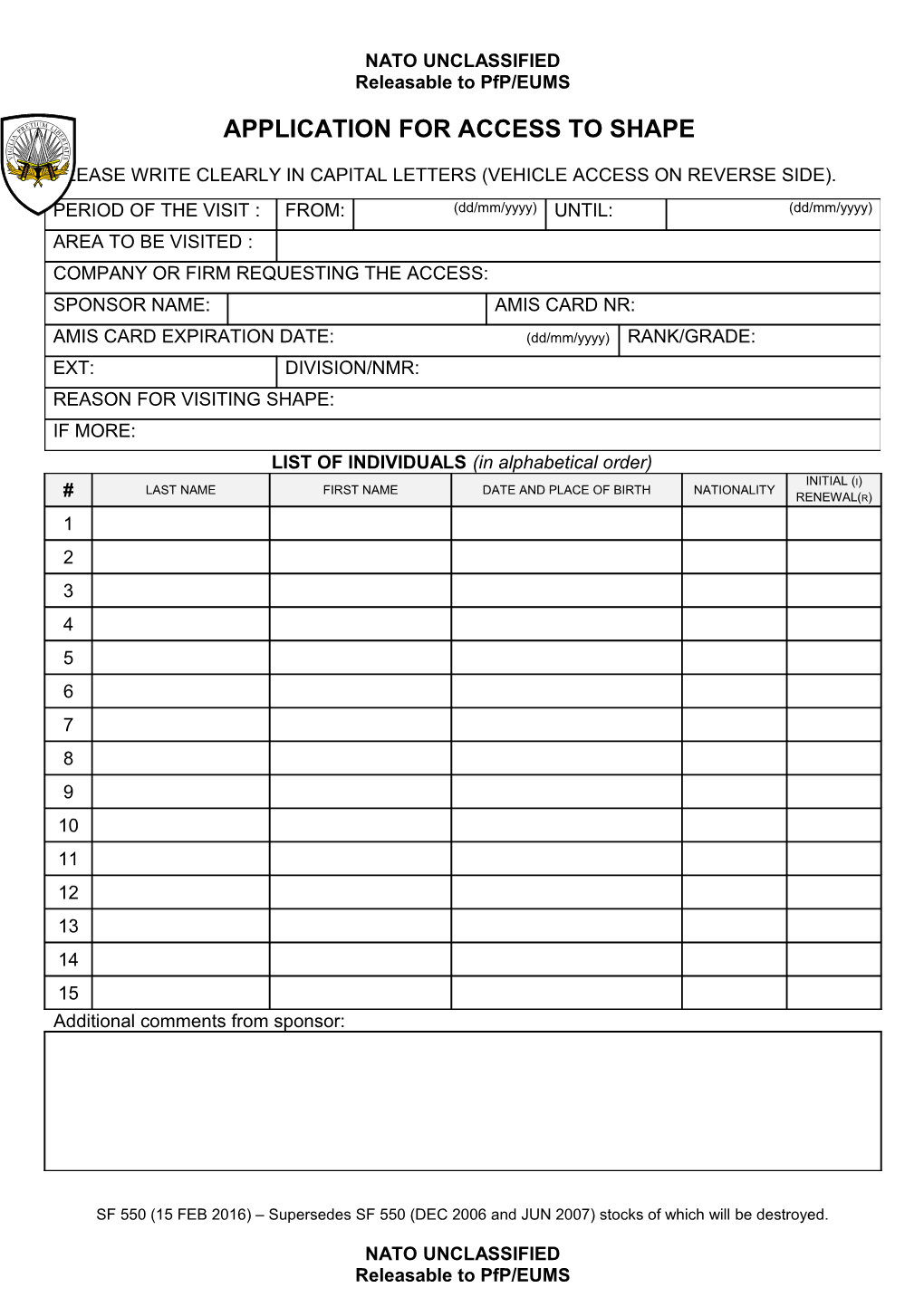 SF 550 Application for Access to SHAPE