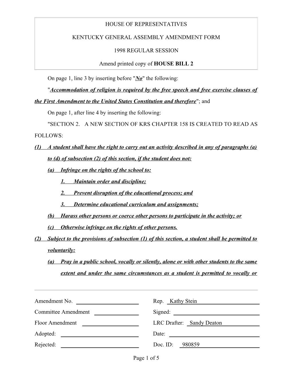 Kentucky General Assembly Amendment Form s5