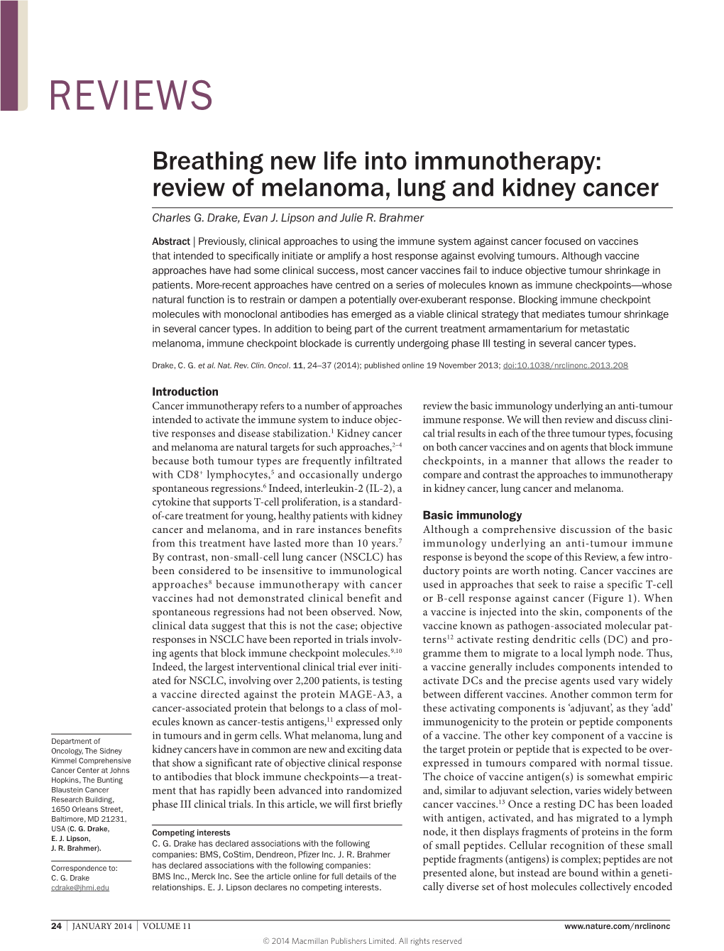 Review of Melanoma, Lung and Kidney Cancer Charles G