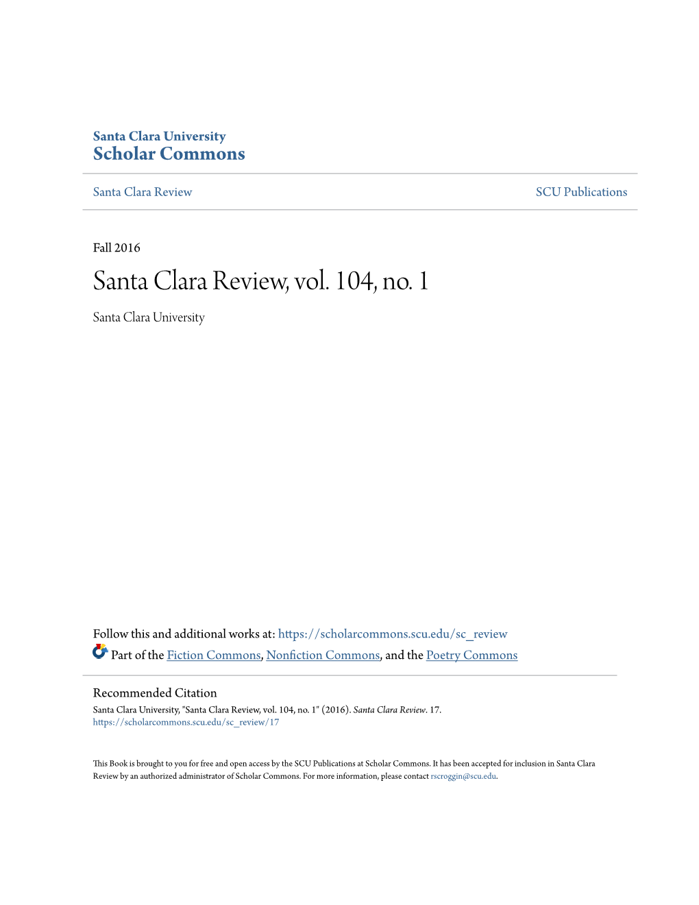 Santa Clara Review, Vol. 104, No. 1 Santa Clara University