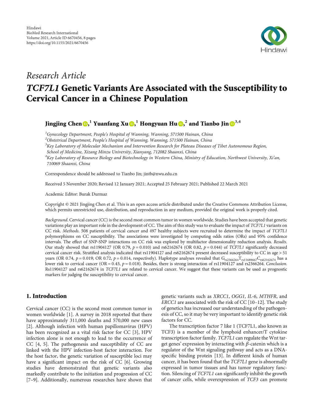 TCF7L1 Genetic Variants Are Associated with the Susceptibility to Cervical Cancer in a Chinese Population
