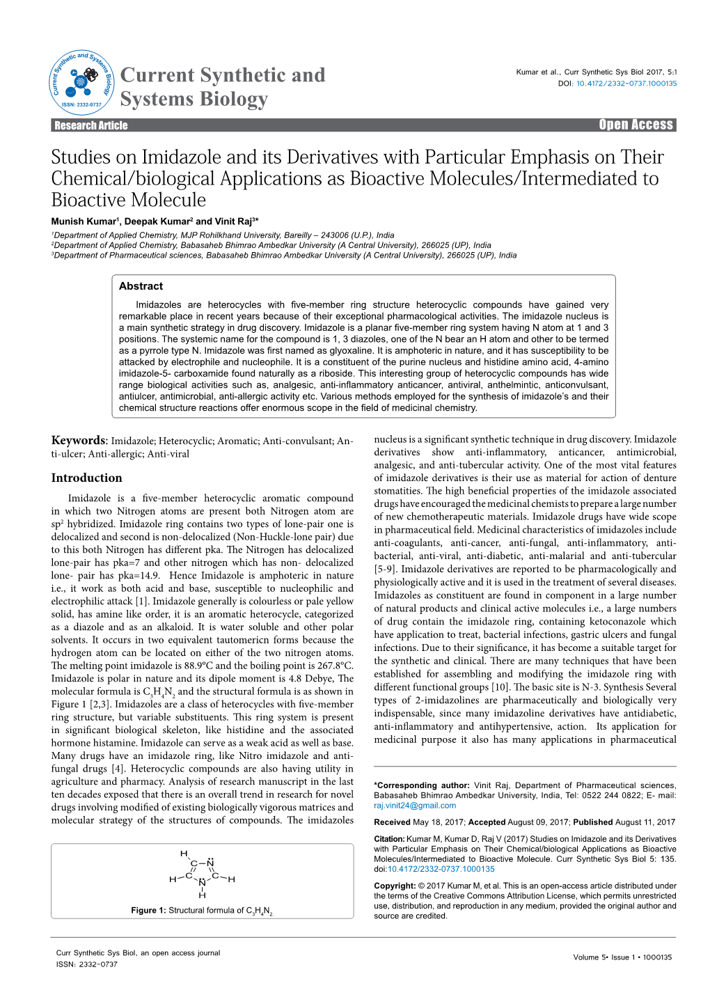 Studies on Imidazole and Its Derivatives with Particular