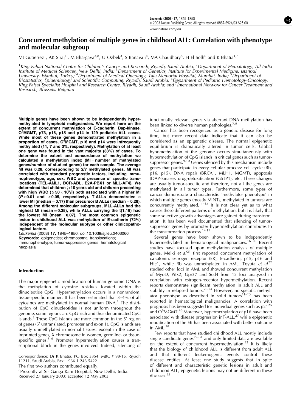 Concurrent Methylation of Multiple Genes in Childhood