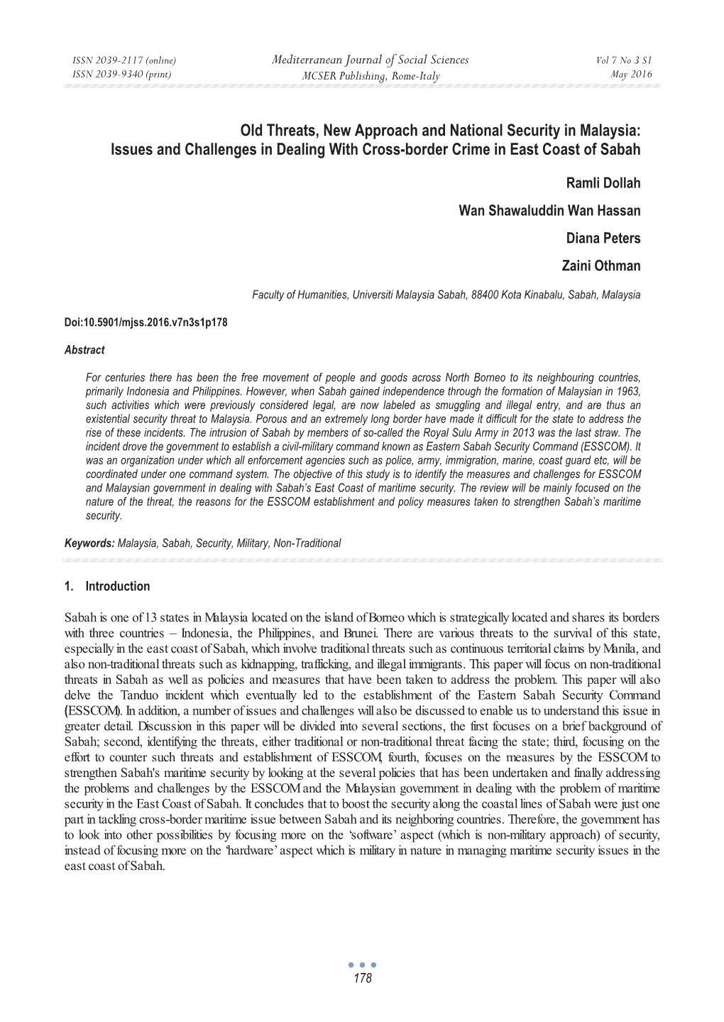 Old Threats, New Approach and National Security in Malaysia: Issues and Challenges in Dealing with Cross-Border Crime in East Coast of Sabah